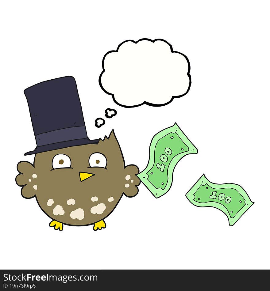 freehand drawn thought bubble cartoon wealthy little owl with top hat