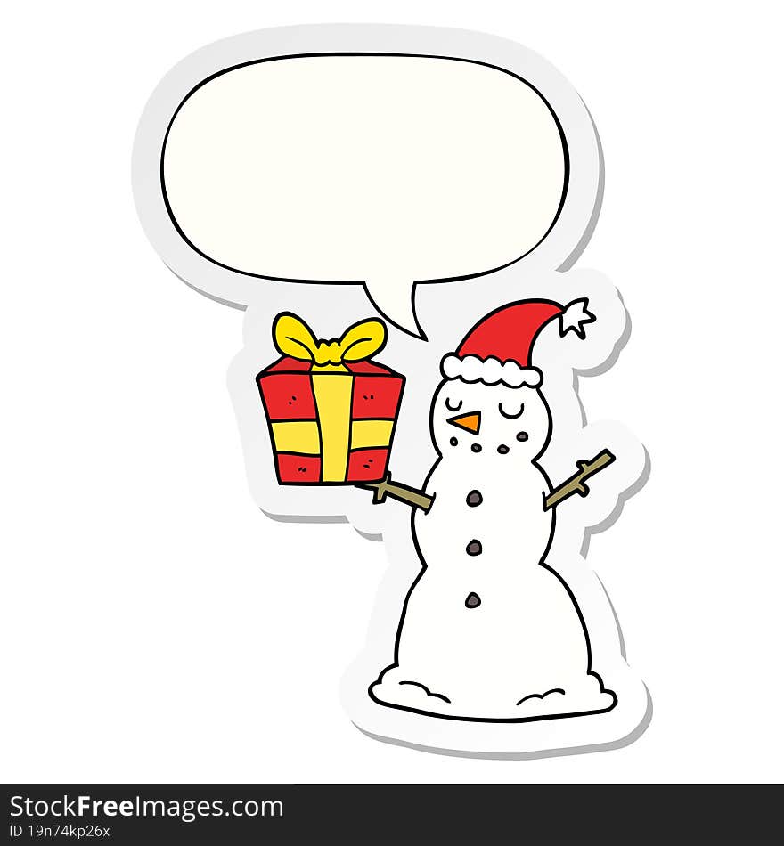 Cartoon Snowman And Present And Speech Bubble Sticker