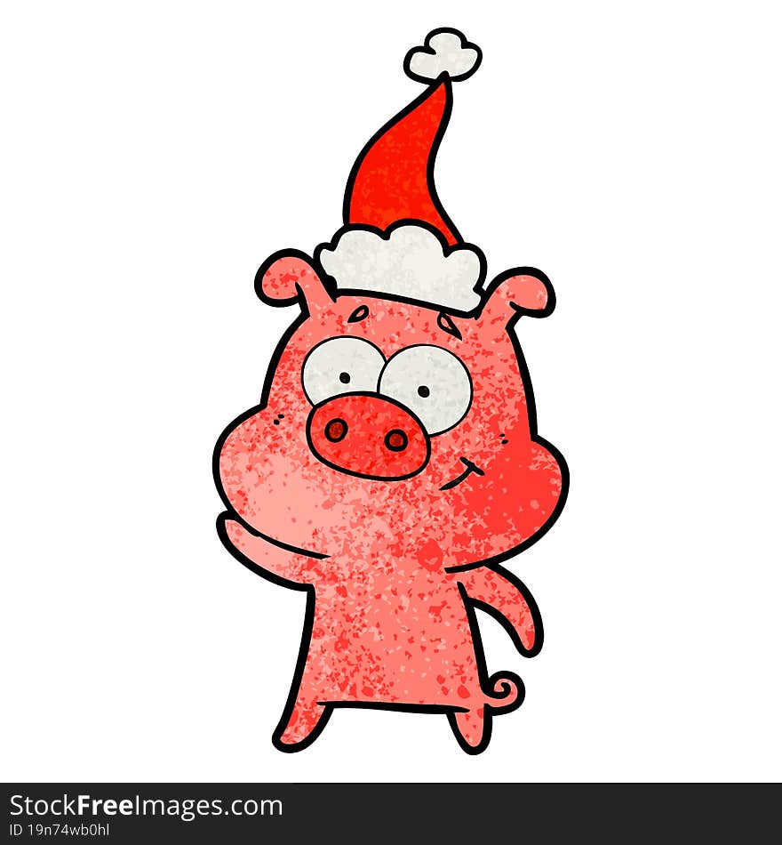 Happy Textured Cartoon Of A Pig Wearing Santa Hat