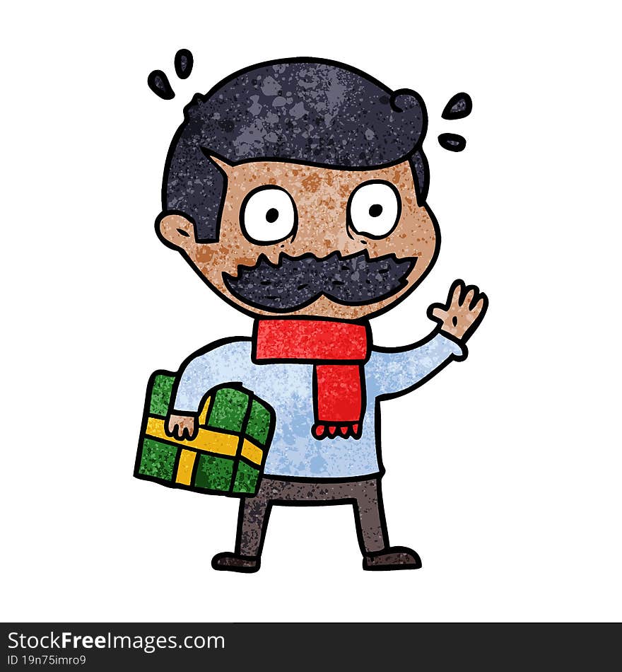 cartoon man with mustache and christmas present. cartoon man with mustache and christmas present