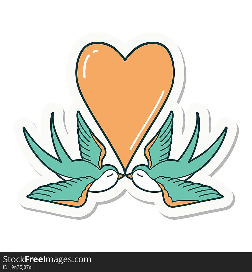 sticker of tattoo in traditional style of swallows and a heart. sticker of tattoo in traditional style of swallows and a heart