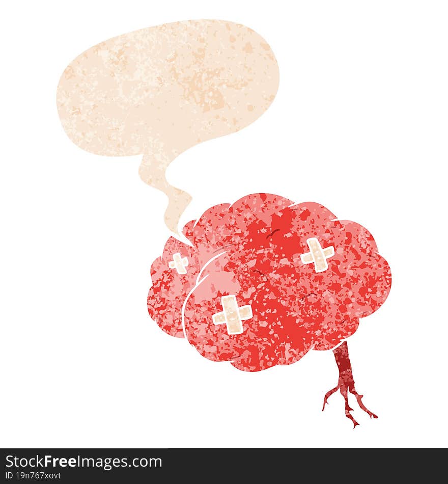 cartoon injured brain and speech bubble in retro textured style