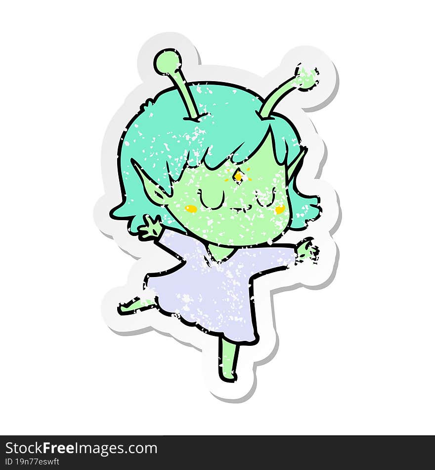 distressed sticker of a cartoon alien girl