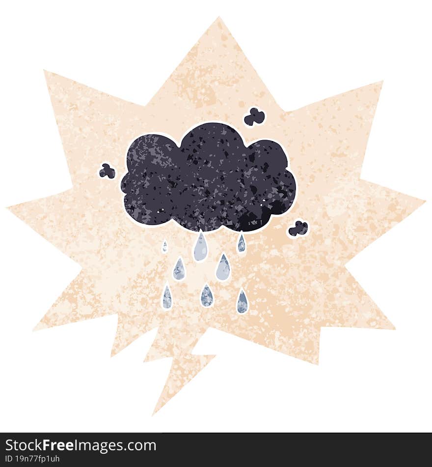 cartoon cloud raining and speech bubble in retro textured style