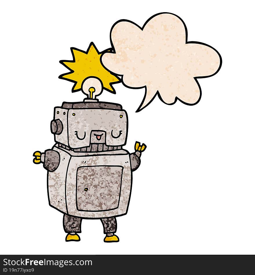 cartoon robot and speech bubble in retro texture style