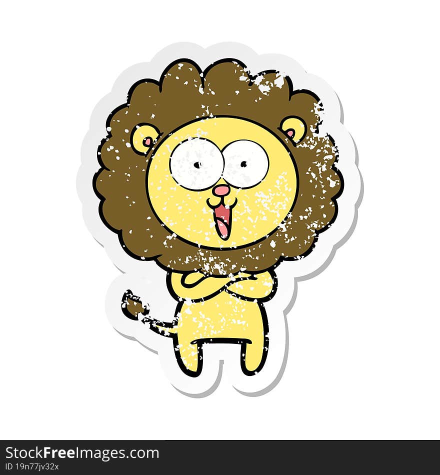 distressed sticker of a happy cartoon lion