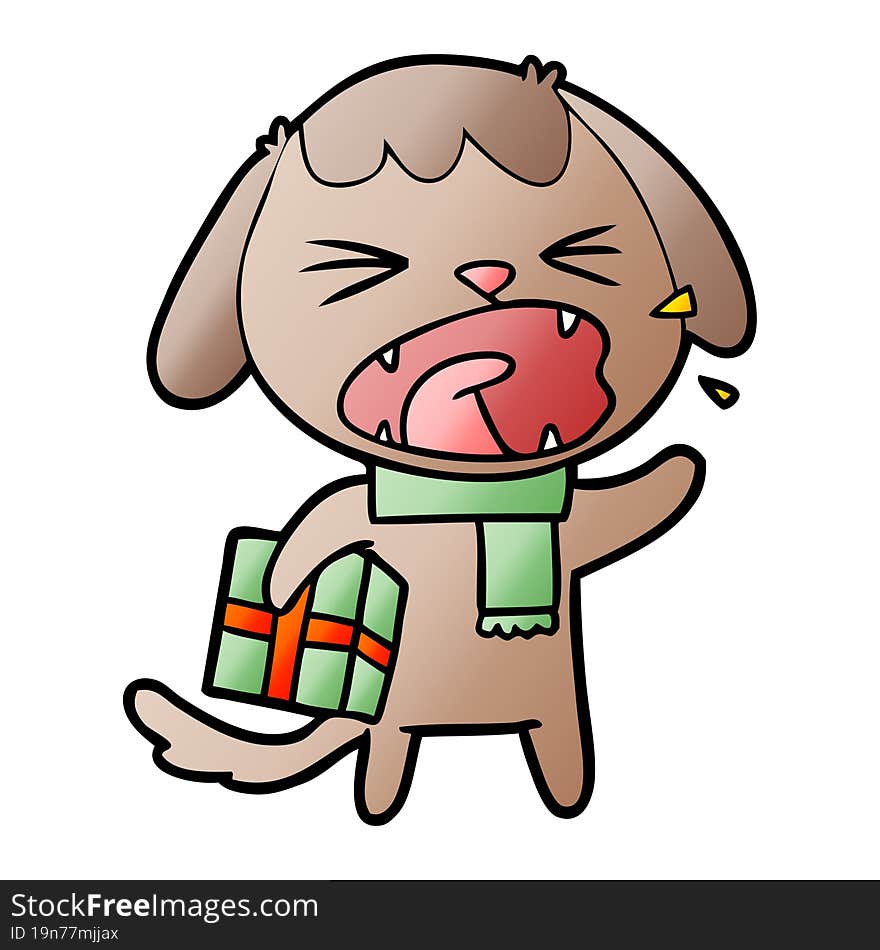 cute cartoon dog with christmas present. cute cartoon dog with christmas present