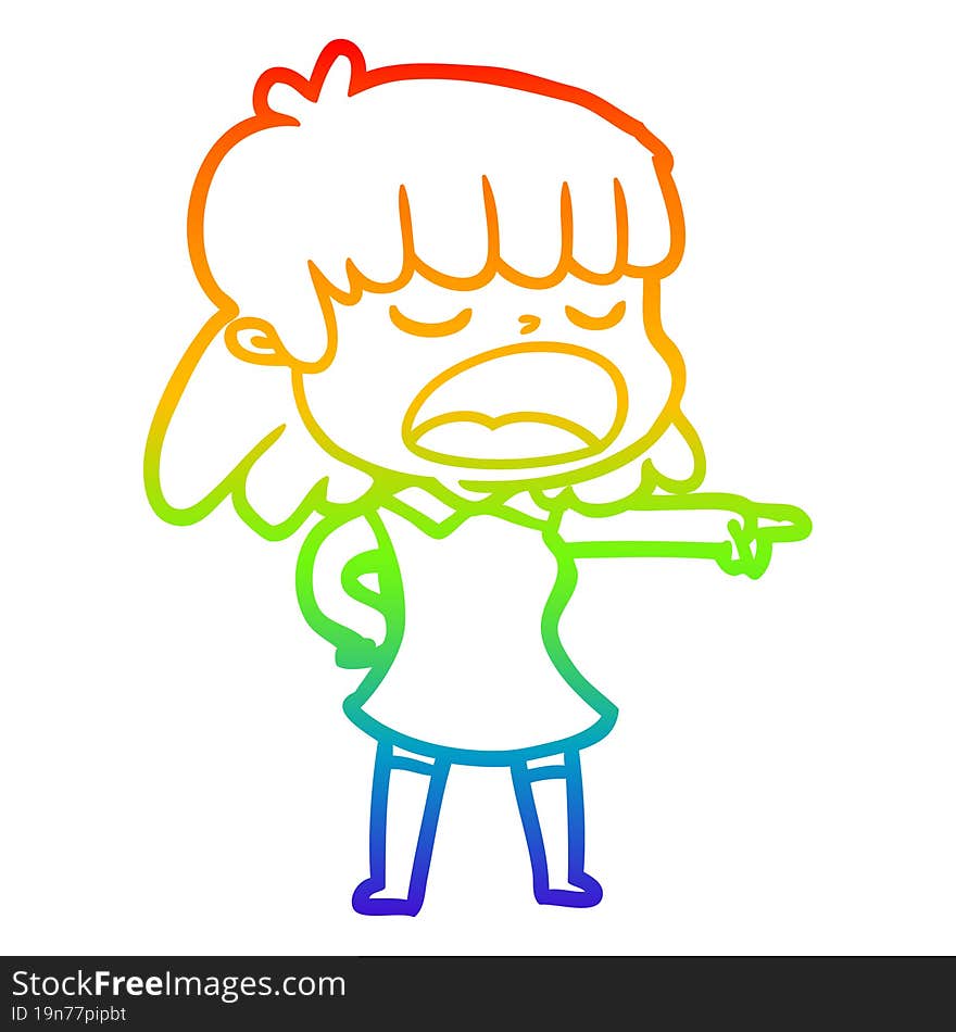 rainbow gradient line drawing of a cartoon woman talking loudly