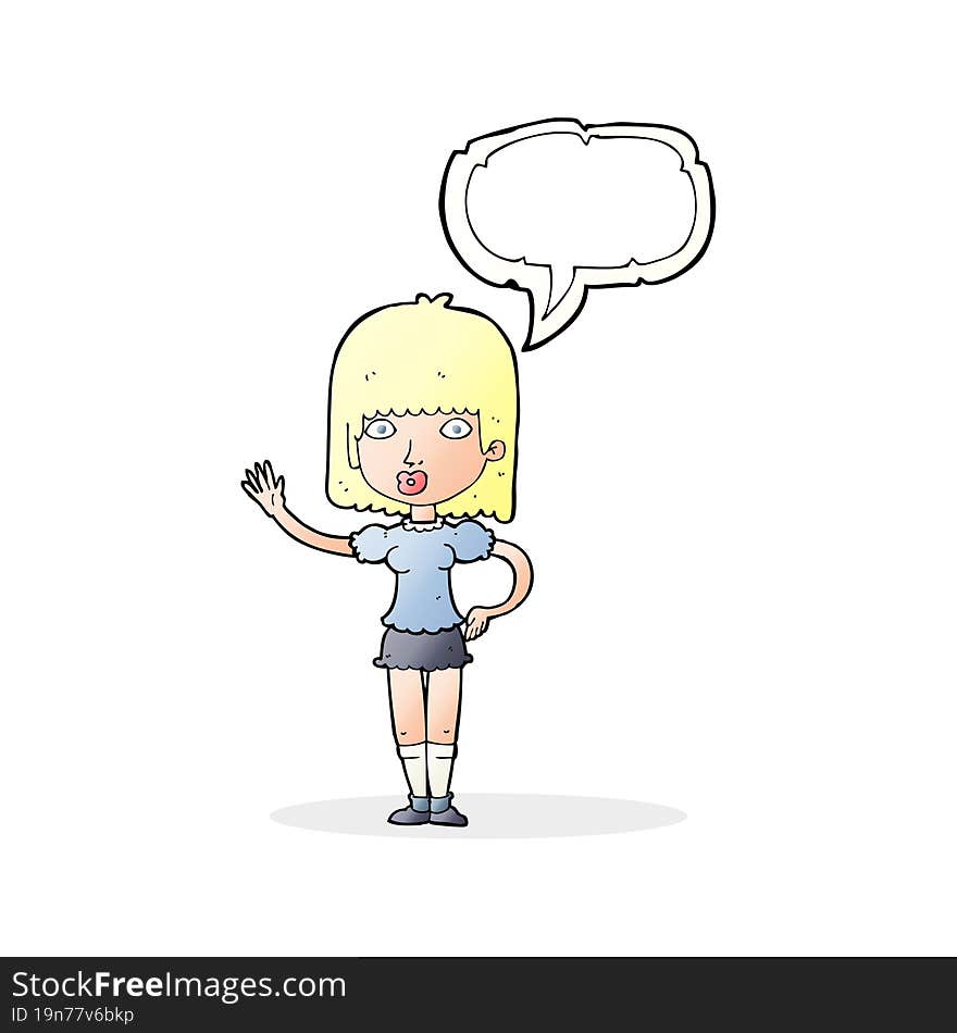 cartoon woman waving with speech bubble