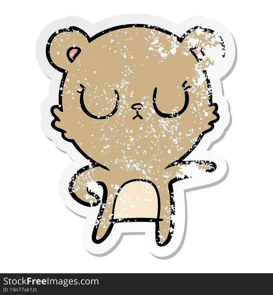 distressed sticker of a peaceful cartoon bear