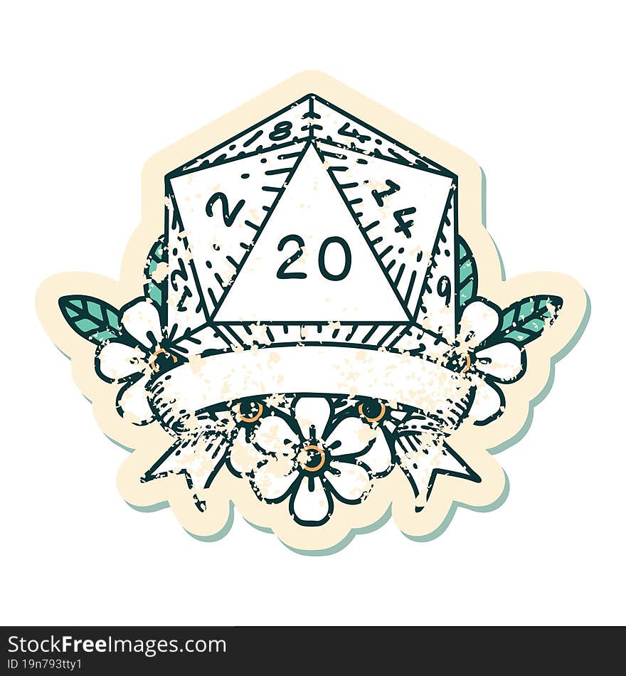 Retro Tattoo Style natural 20 critical hit D20 dice roll. Retro Tattoo Style natural 20 critical hit D20 dice roll