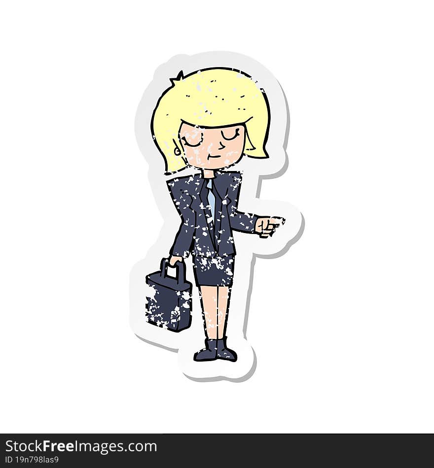 retro distressed sticker of a cartoon businesswoman pointing