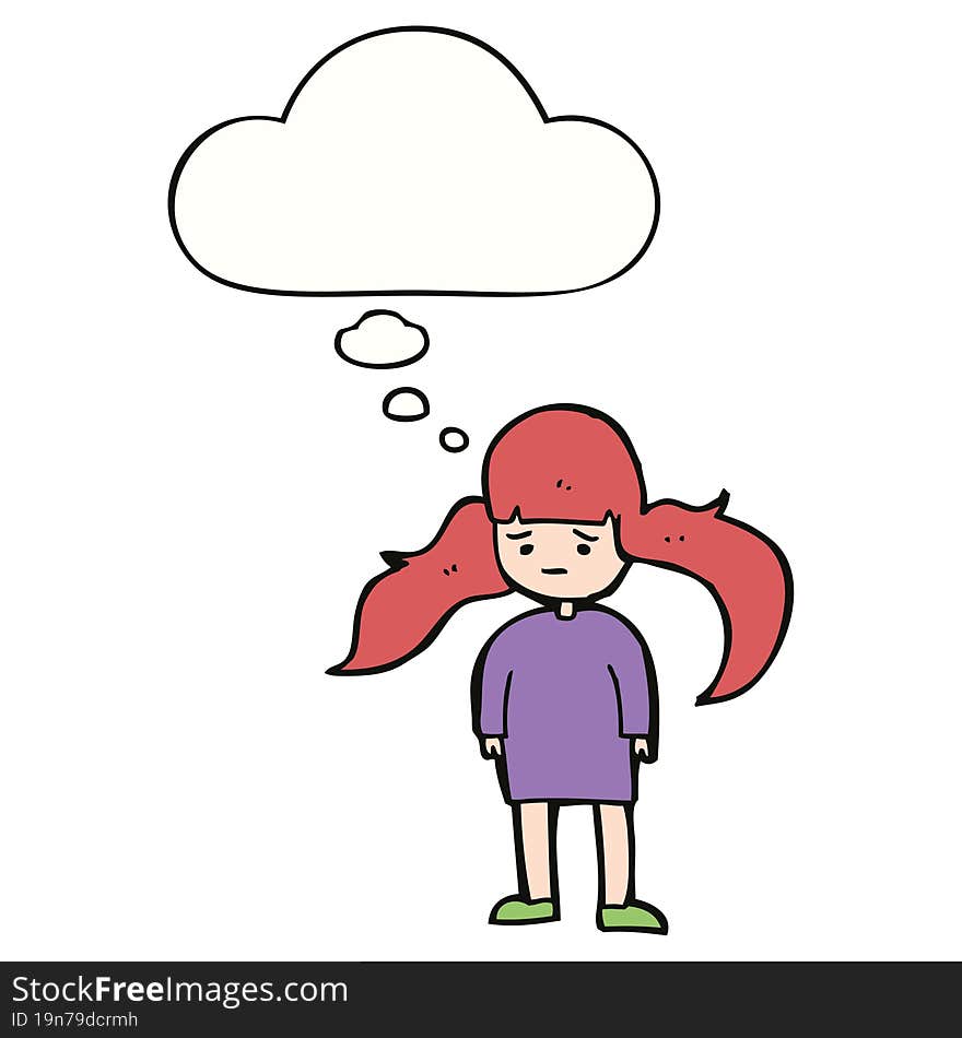 cartoon girl with long hair with thought bubble