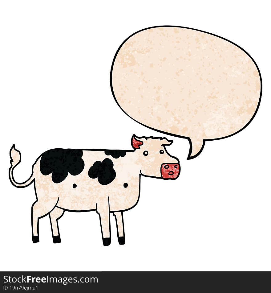 cartoon cow and speech bubble in retro texture style