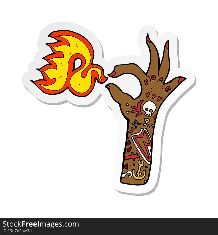 sticker of a cartoon tattoo arm fire symbol