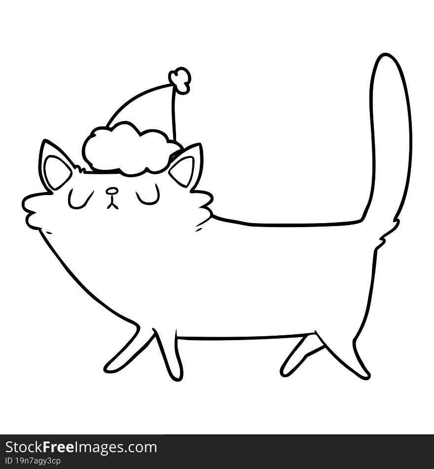 hand drawn line drawing of a black cat wearing santa hat