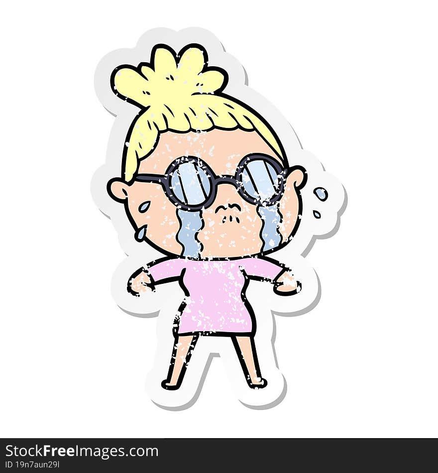 distressed sticker of a cartoon crying woman wearing spectacles