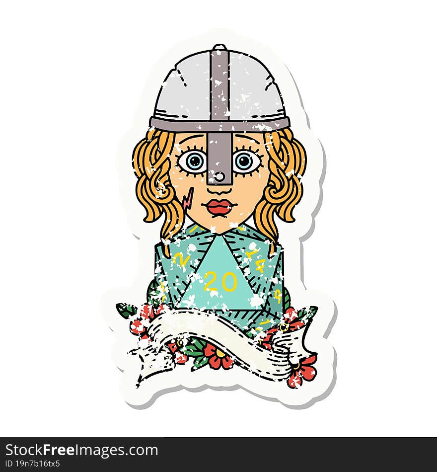 human fighter with natural twenty dice roll grunge sticker