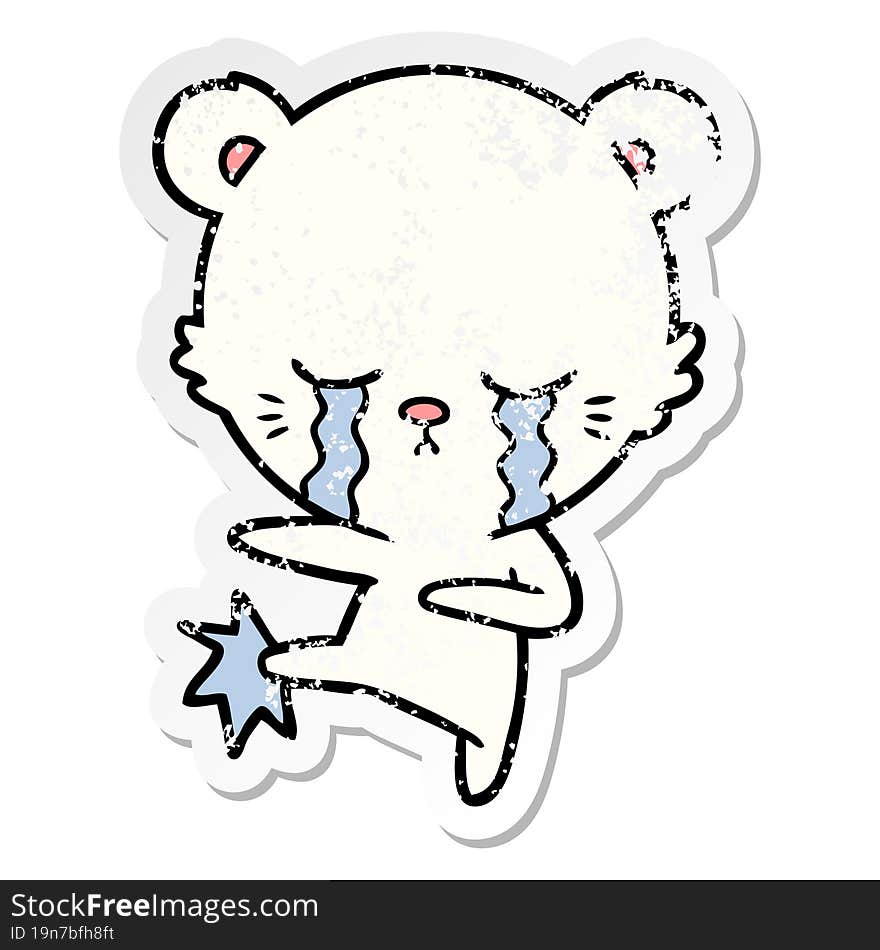 Distressed Sticker Of A Crying Cartoon Polar Bear Kicking Out