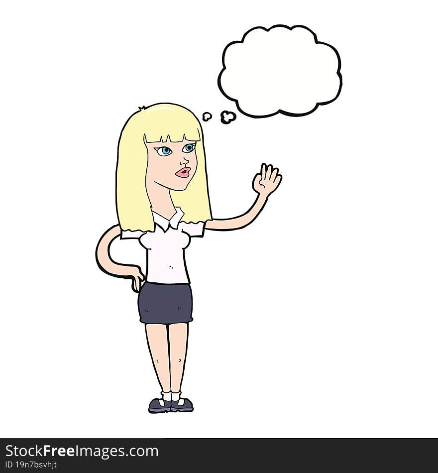 cartoon pretty woman waving with thought bubble