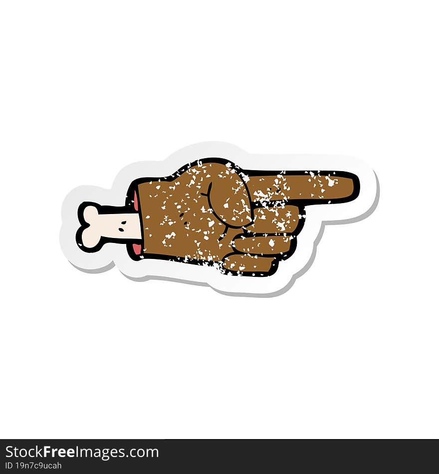 retro distressed sticker of a cartoon pointing severed hand symbol