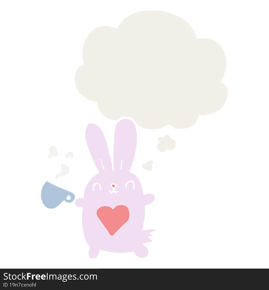 cute cartoon rabbit with love heart and coffee cup with thought bubble in retro style