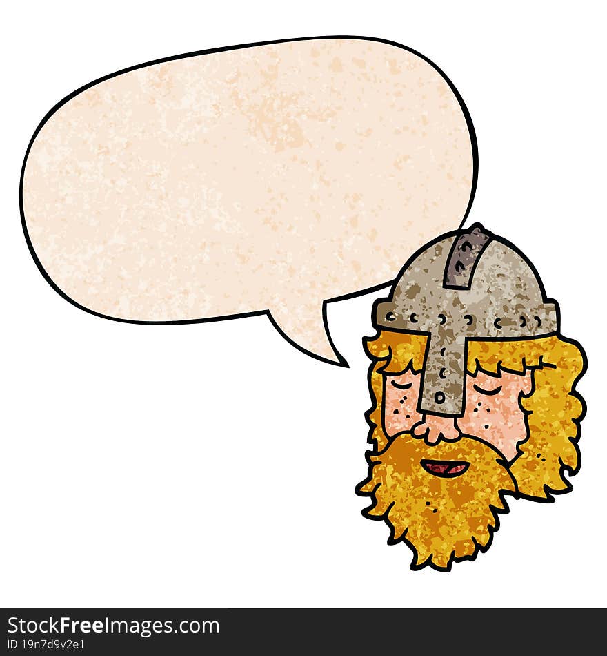 cartoon viking face with speech bubble in retro texture style