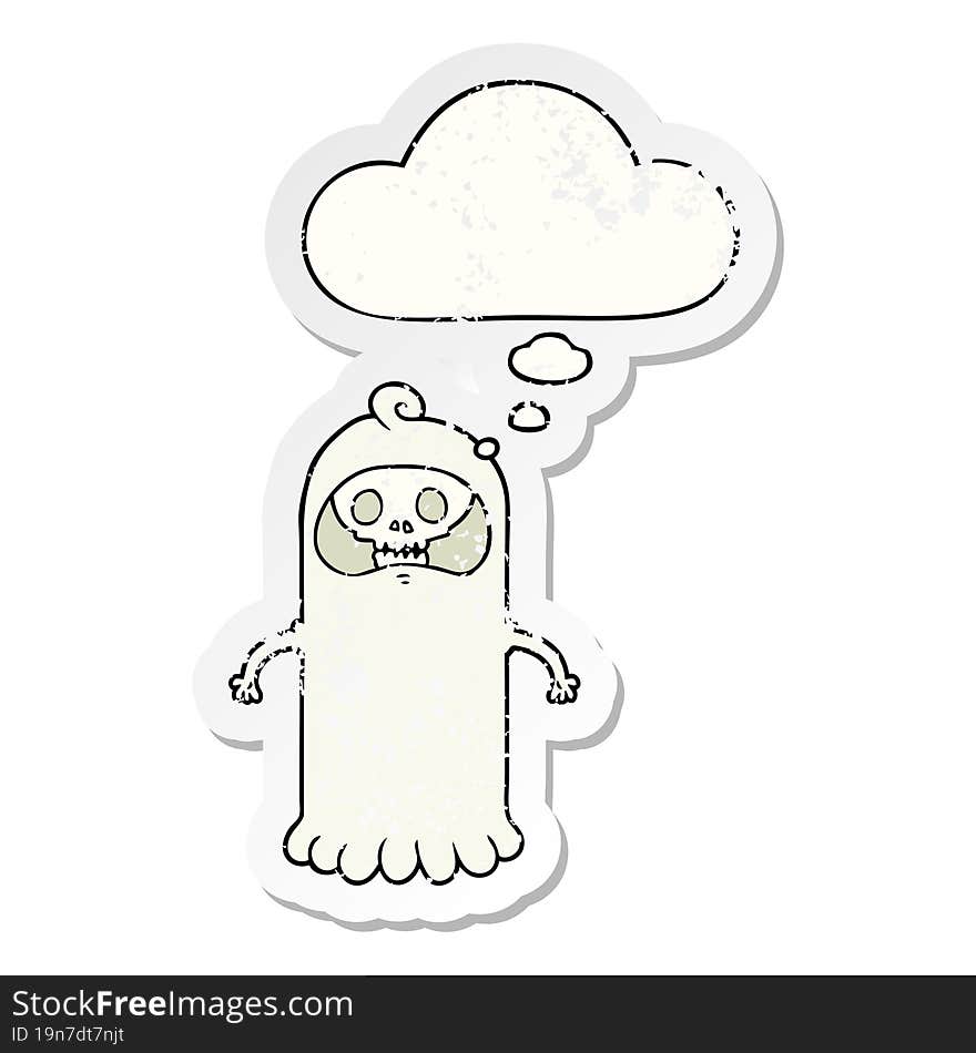 cartoon spooky skull ghost with thought bubble as a distressed worn sticker