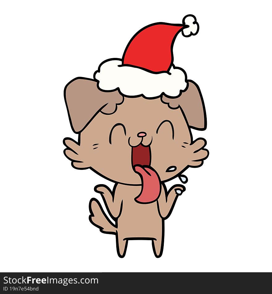 line drawing of a panting dog shrugging shoulders wearing santa hat