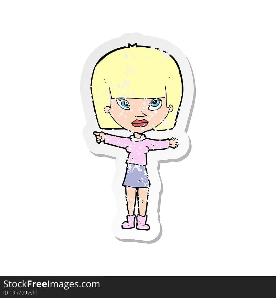 retro distressed sticker of a cartoon woman pointing