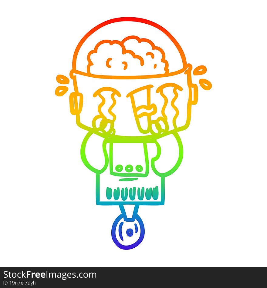 Rainbow Gradient Line Drawing Cartoon Crying Robot