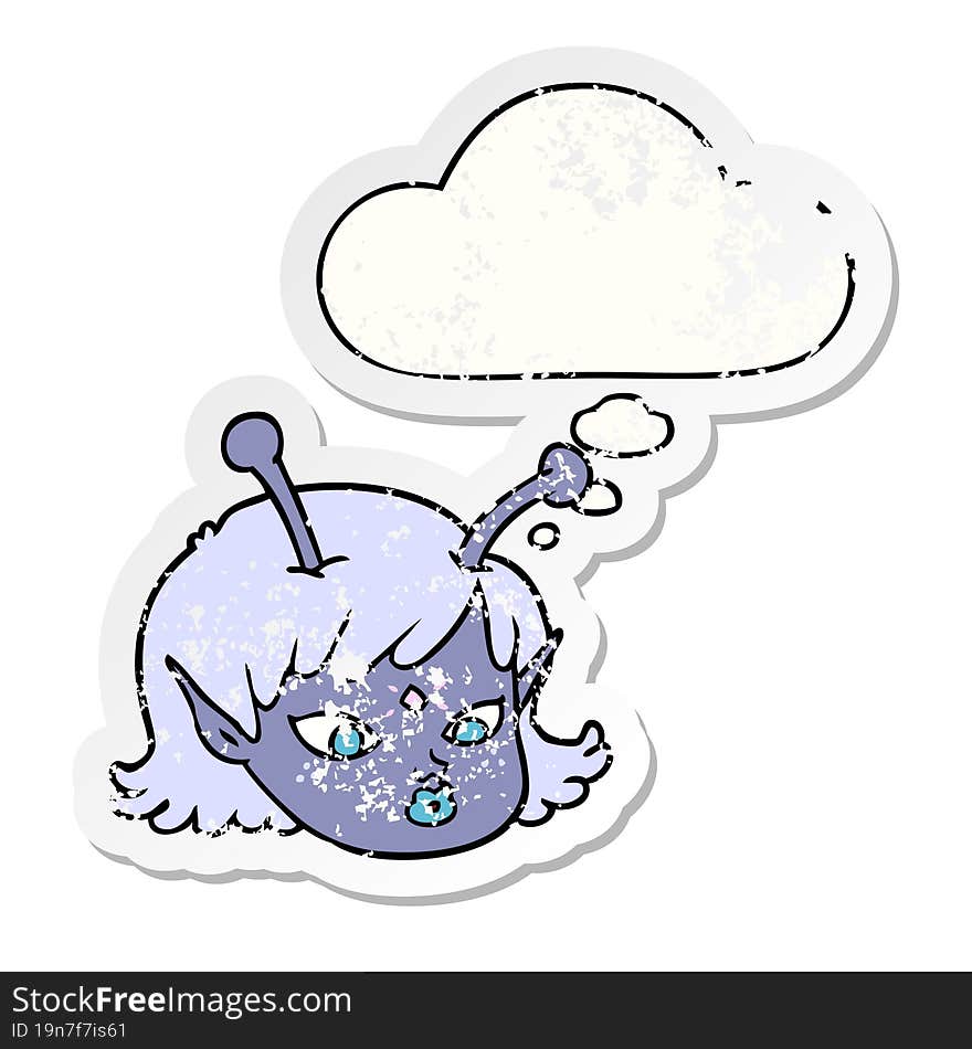 cartoon alien space girl face with thought bubble as a distressed worn sticker