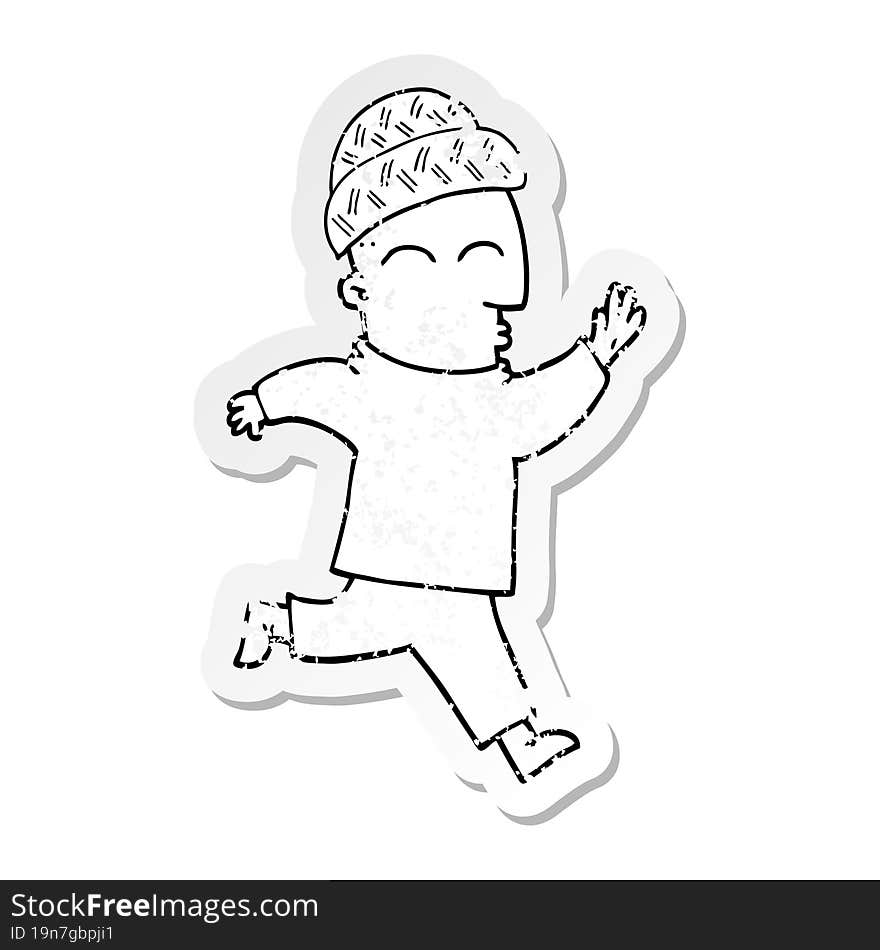 distressed sticker of a cartoon man wearing hat