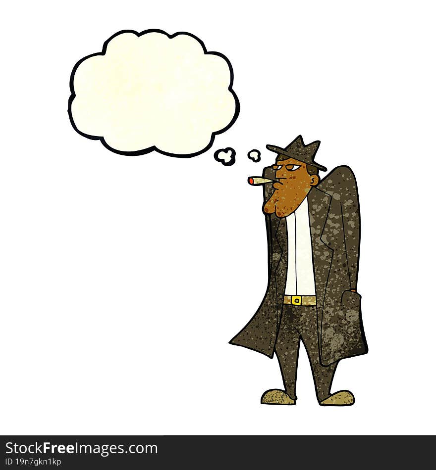 cartoon man in hat and trench coat with thought bubble