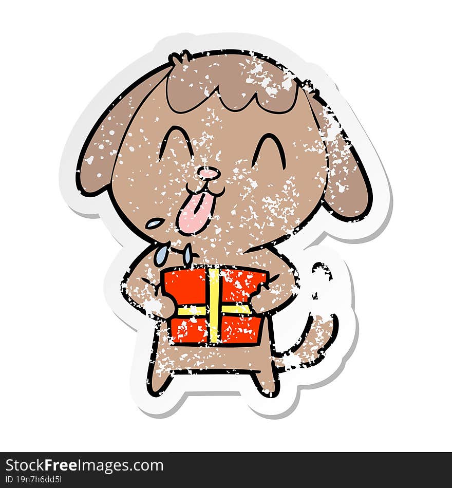 Distressed Sticker Of A Cute Cartoon Dog With Christmas Present