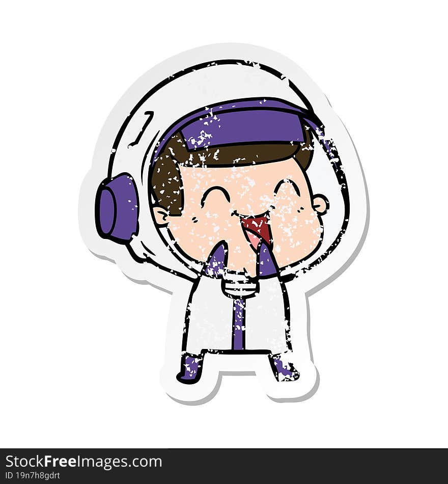 distressed sticker of a happy cartoon astronaut