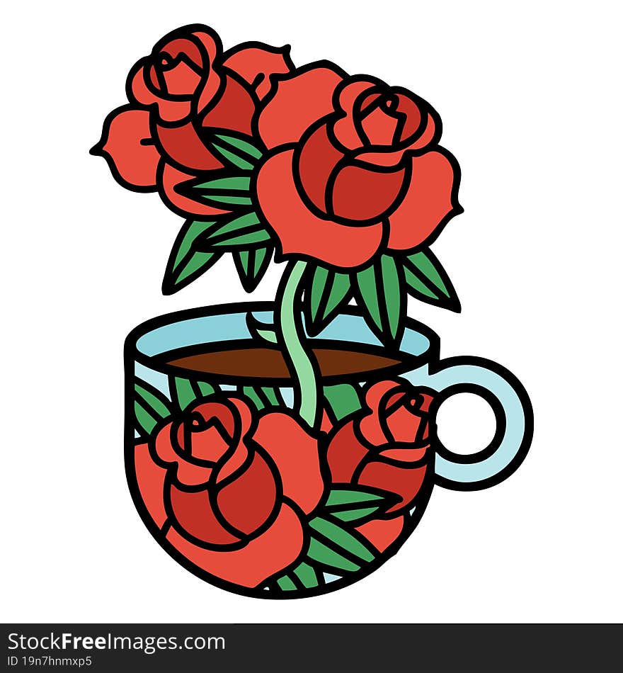 traditional tattoo of a cup and flowers