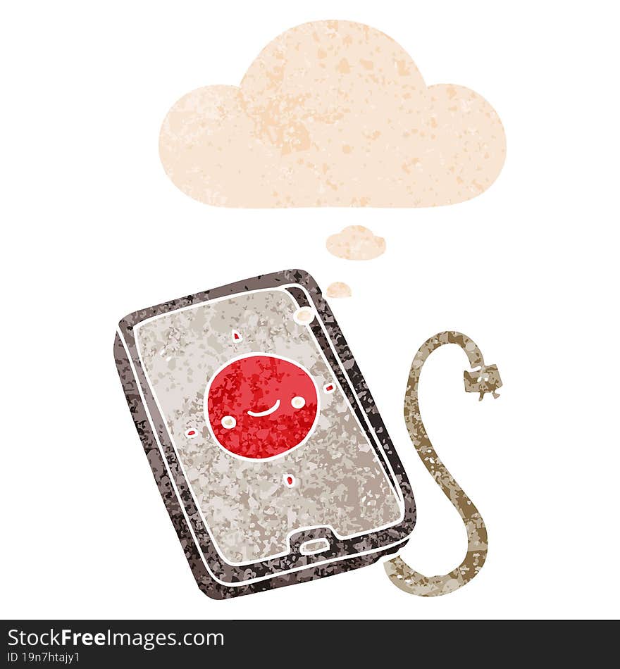 cartoon mobile phone device with thought bubble in grunge distressed retro textured style. cartoon mobile phone device with thought bubble in grunge distressed retro textured style