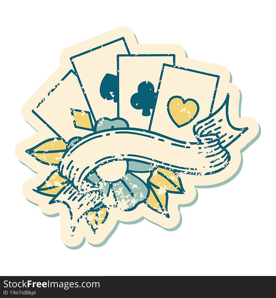 Distressed Sticker Tattoo Style Icon Of Cards And Banner