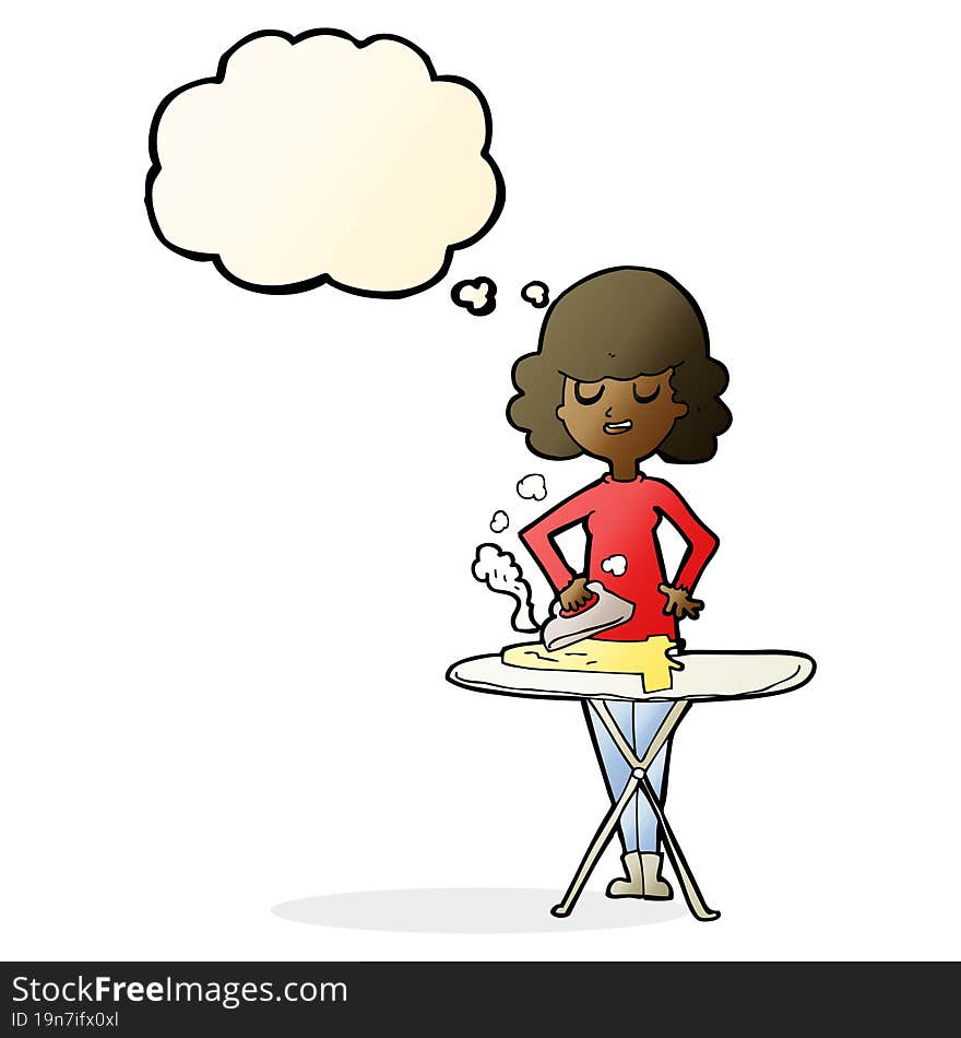 cartoon woman ironing with thought bubble