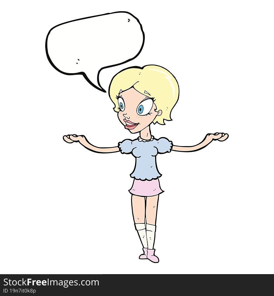 cartoon woman with arms spread wide with speech bubble