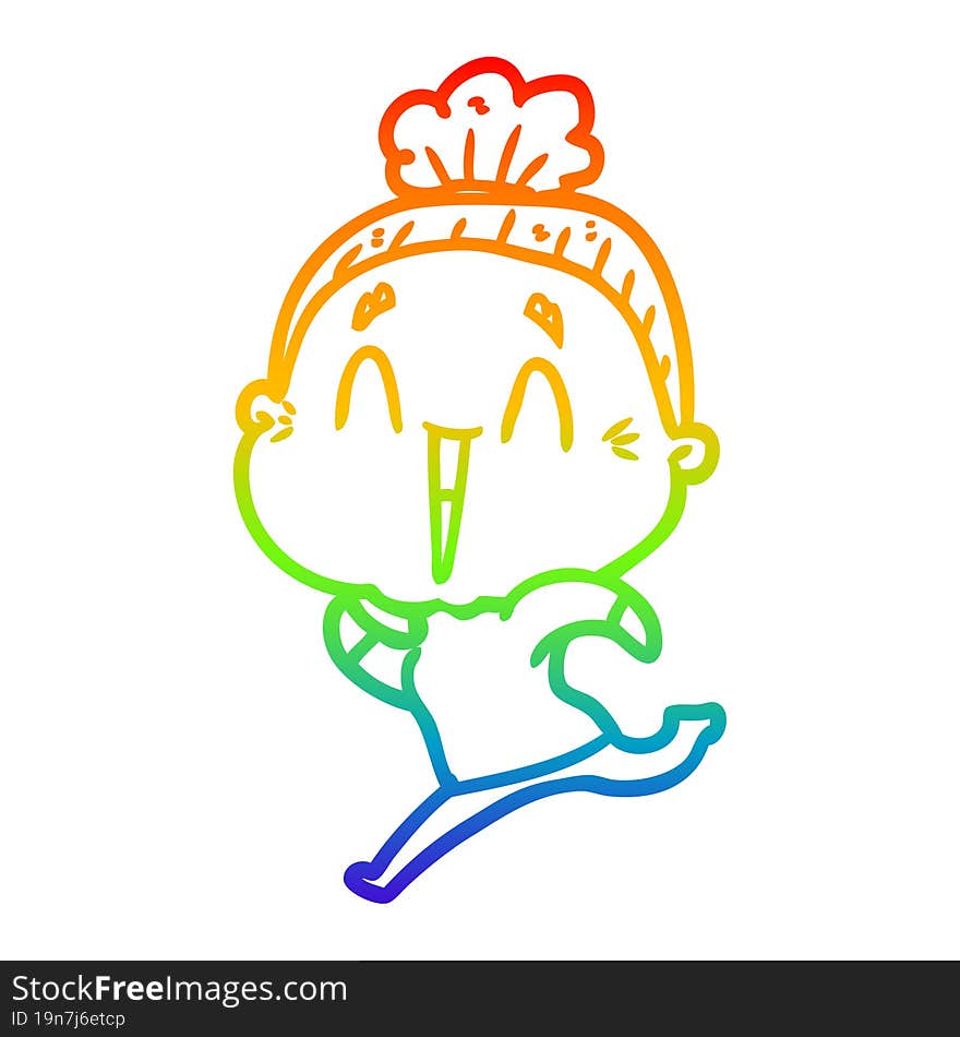 rainbow gradient line drawing of a cartoon happy old lady