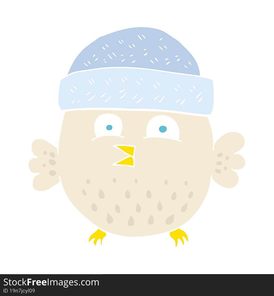 flat color illustration of a cartoon owl wearing hat