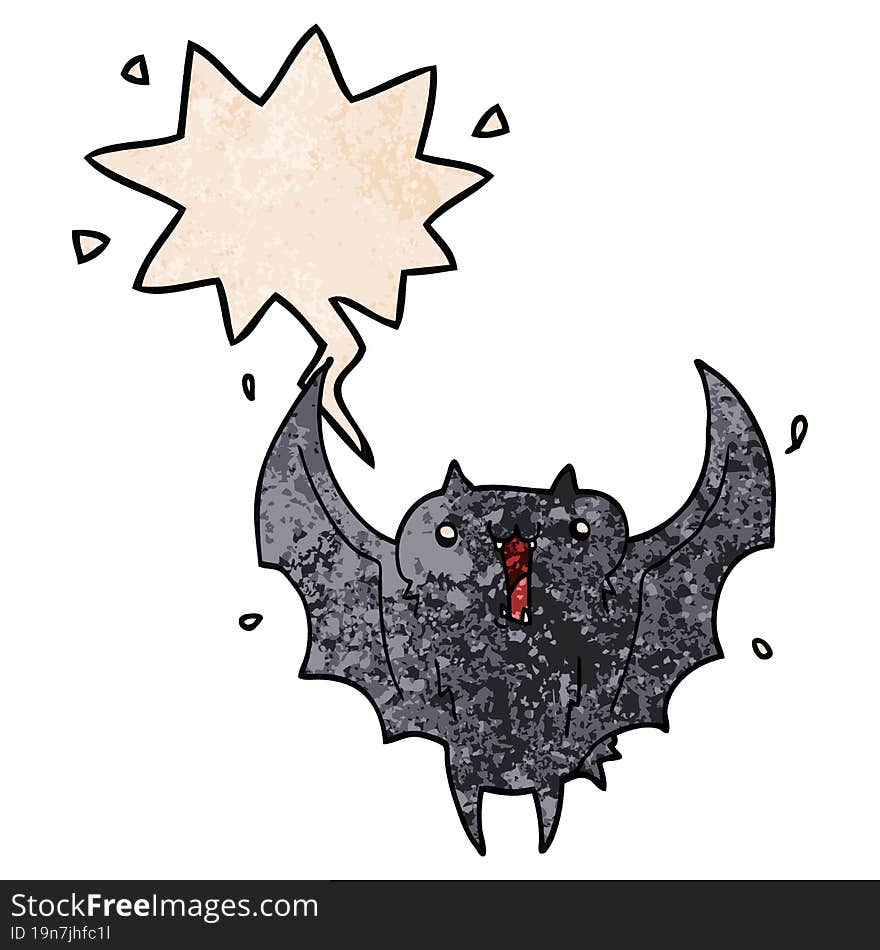 cartoon happy vampire bat and speech bubble in retro texture style