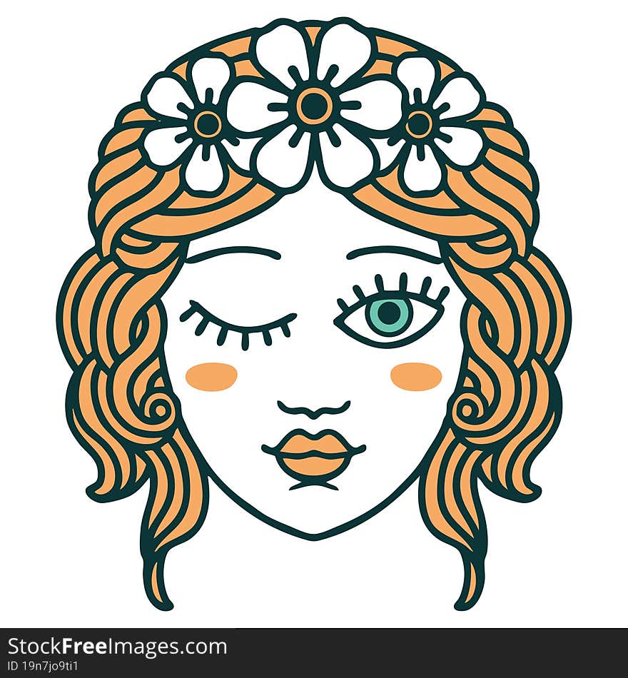 iconic tattoo style image of a maidens face winking. iconic tattoo style image of a maidens face winking