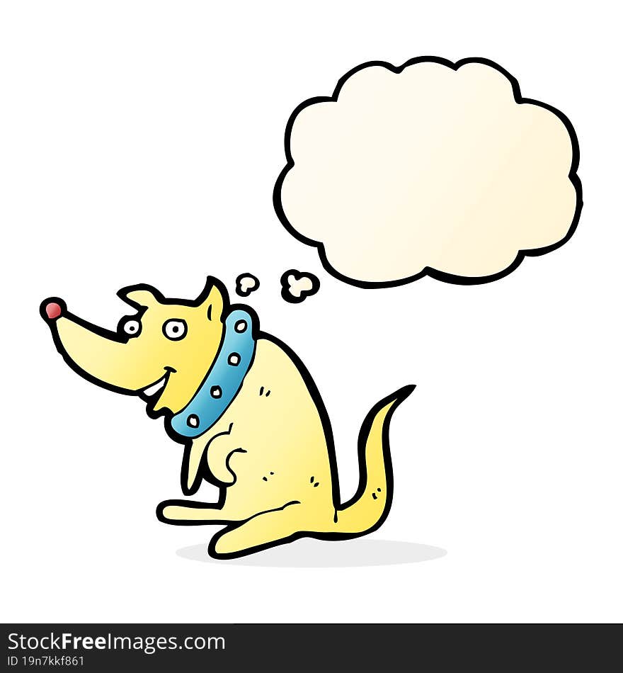 Cartoon Happy Dog In Big Collar With Thought Bubble