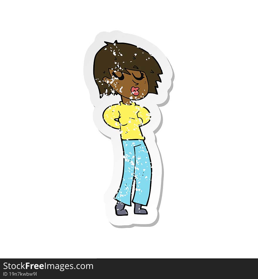 retro distressed sticker of a cartoon woman whistling