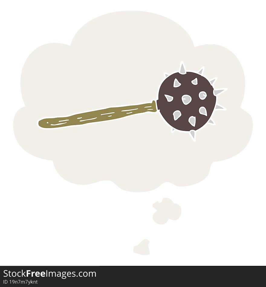 cartoon medieval mace with thought bubble in retro style