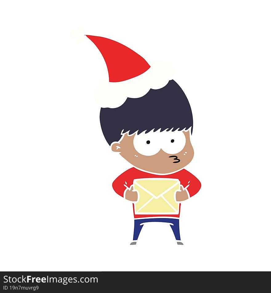 nervous flat color illustration of a boy wearing santa hat