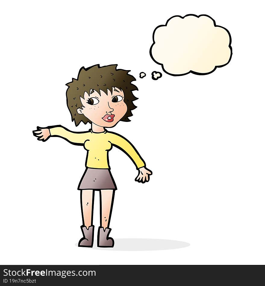 cartoon friendly woman waving with thought bubble